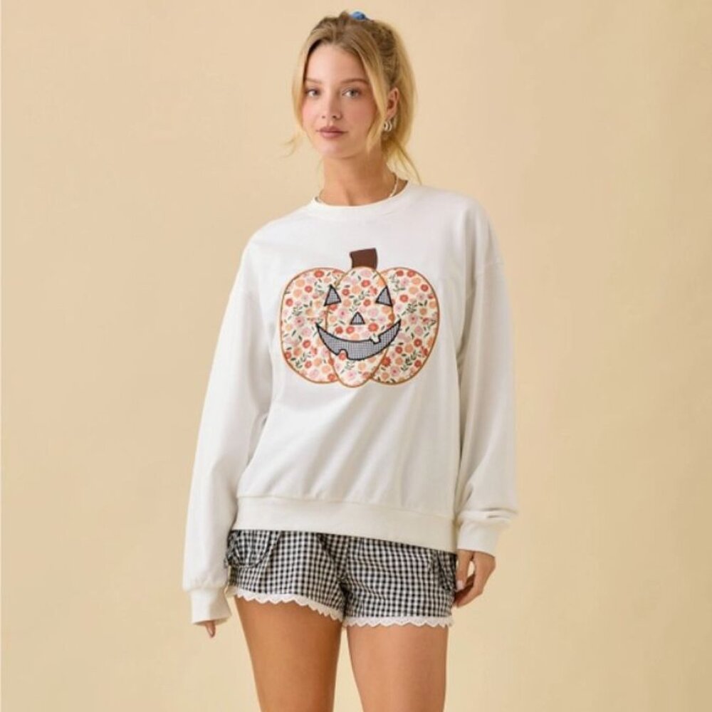 Women's Jack O'Lantern Pumpkin Patchwork Sweatshirt Mainstrip Size Medium